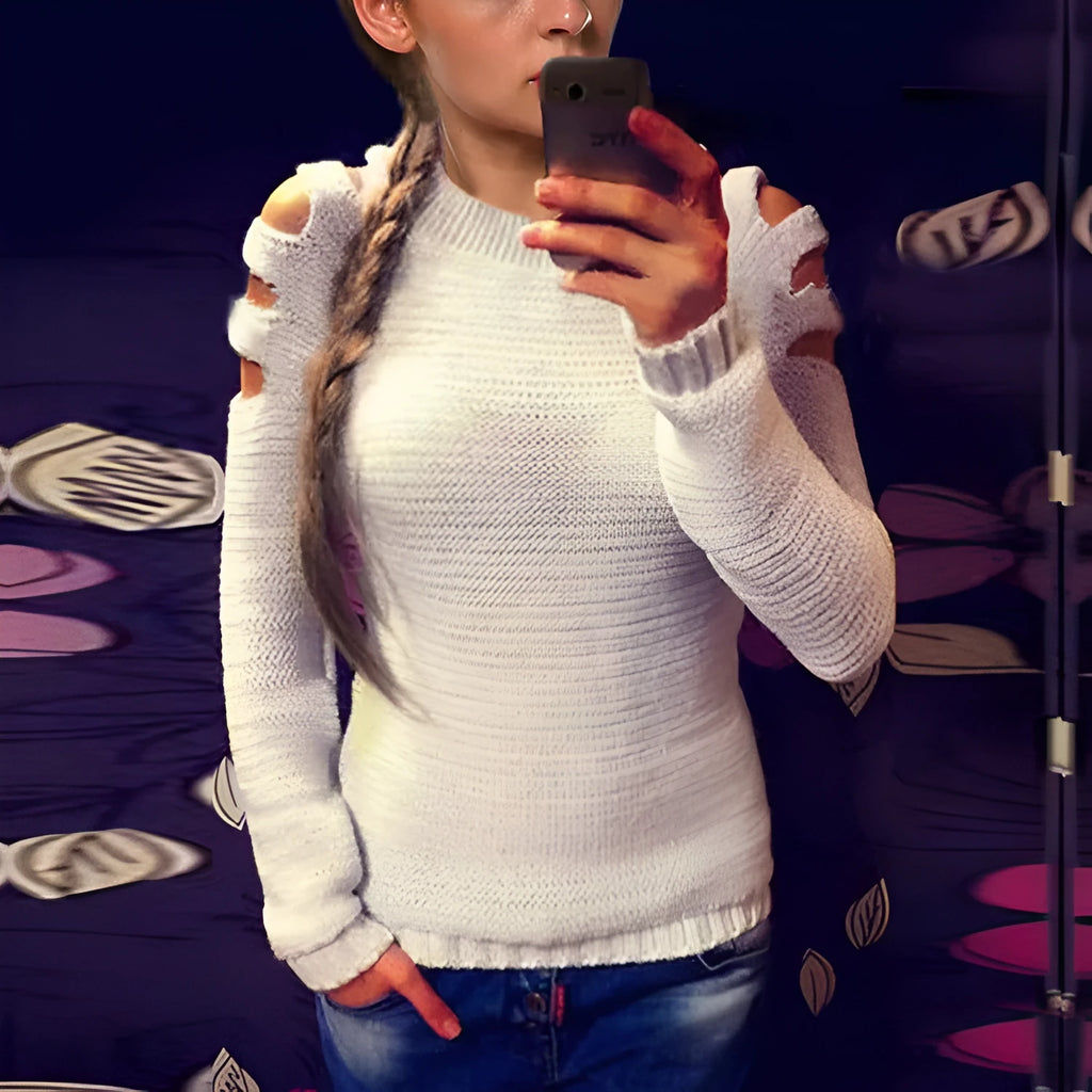 Women's white knitted bottoming shirt with hollow-out crochet detail showing round neck and long sleeve construction