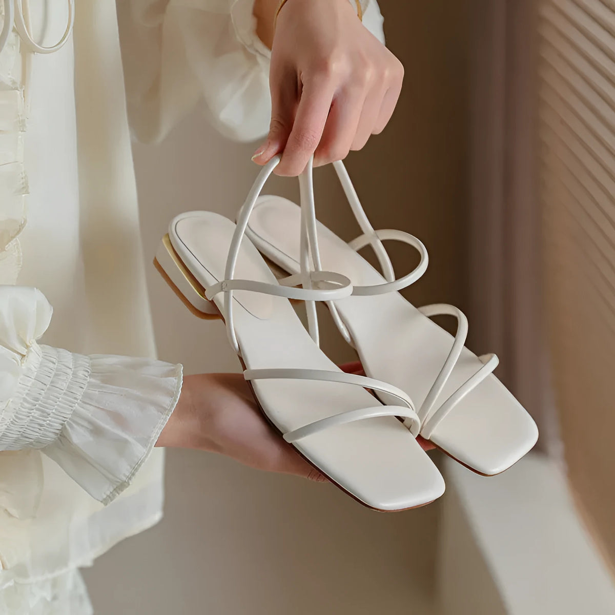 Women's flat beige Roman sandals with square toe and microfiber straps