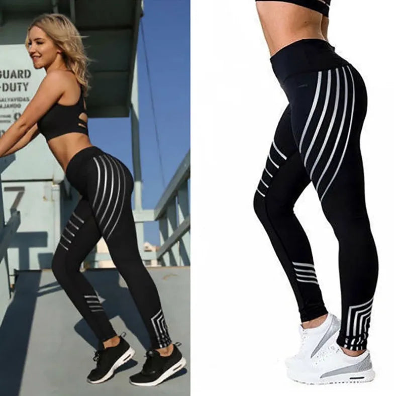 Women's black fitness leggings with reflective print pattern for night workouts