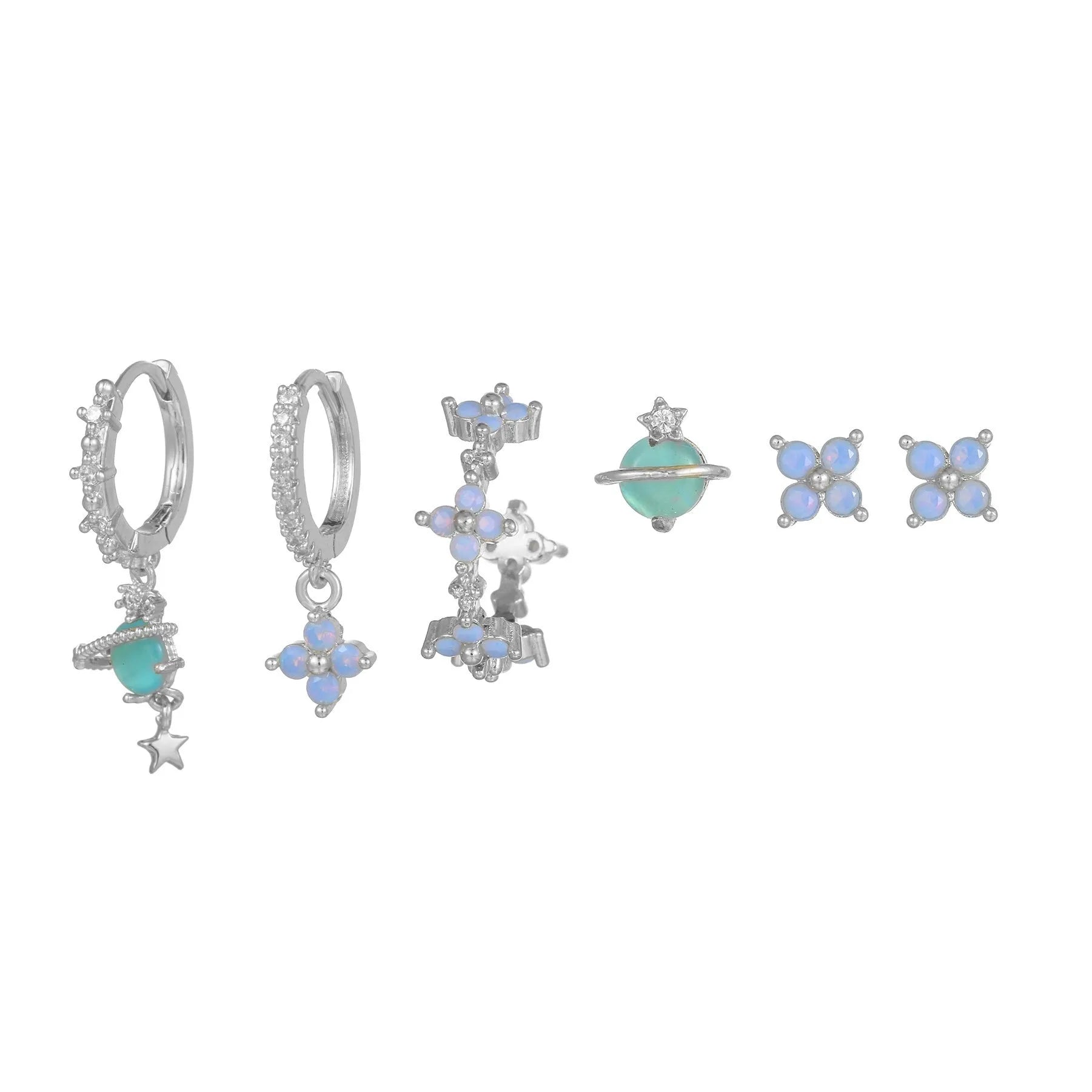 Gold and silver flower stud earrings with zircon mosaic, Japanese Korean sweet style.