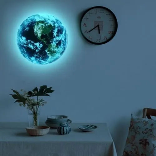 Glow in the dark 3D Earth wall sticker showing luminous planet design in three available sizes