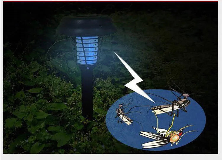 Black solar-powered mosquito lamp with white and purple LED lights for garden insect control