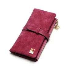 Vertical long Pu leather wallet with zip closure open to show card slots, note compartment, and phone pocket.