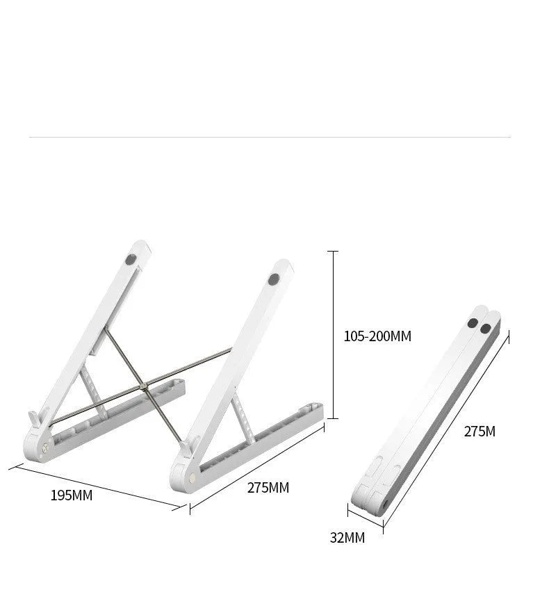 Folding ABS notebook stand in White or Black, 32 * 275MM, for desktop laptop use.
