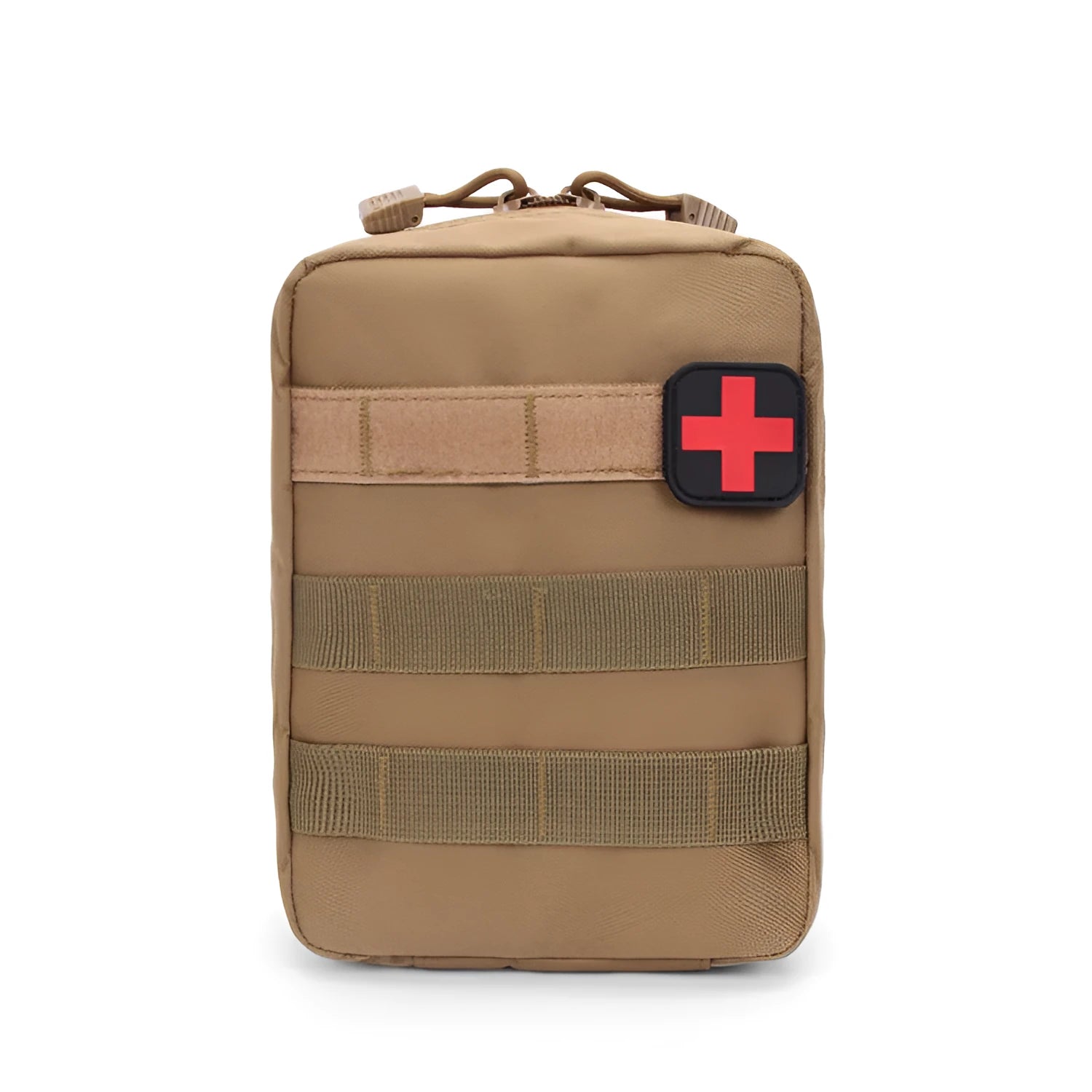Nylon tactical medical accessory bag in camouflage, showing Velcro backing and dimensions of 21cm by 15cm.