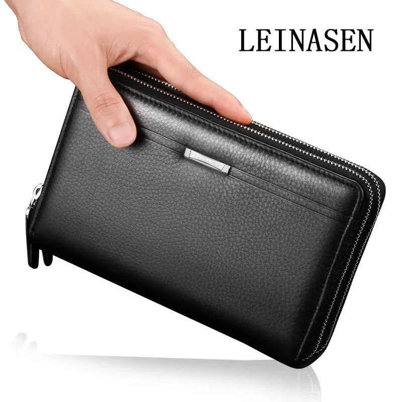 Men's rectangular wallet 21cm x 12cm x 4cm shown in black and brown colour options
