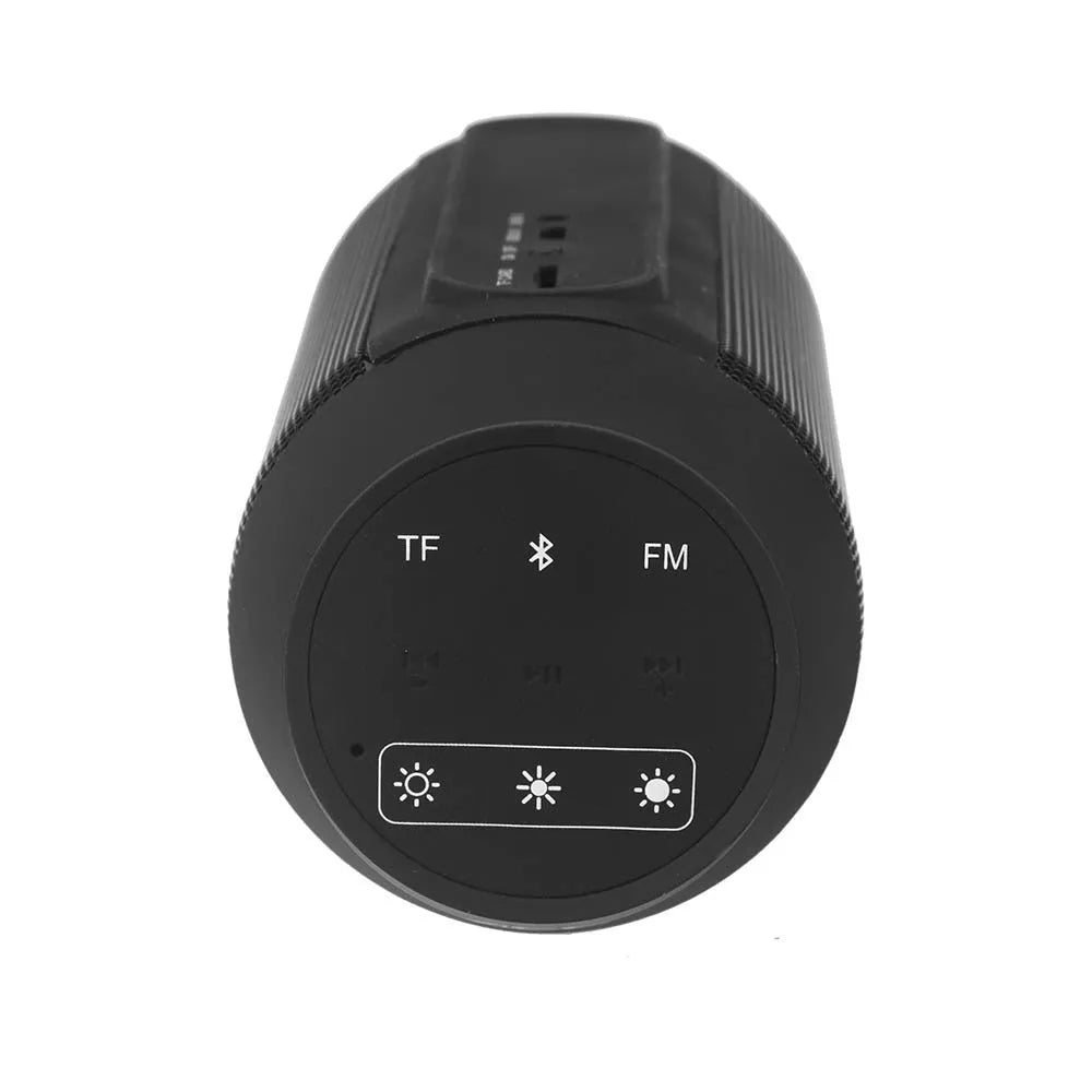 Small black or white portable Bluetooth stereo with colourful LED lights showing on its front.