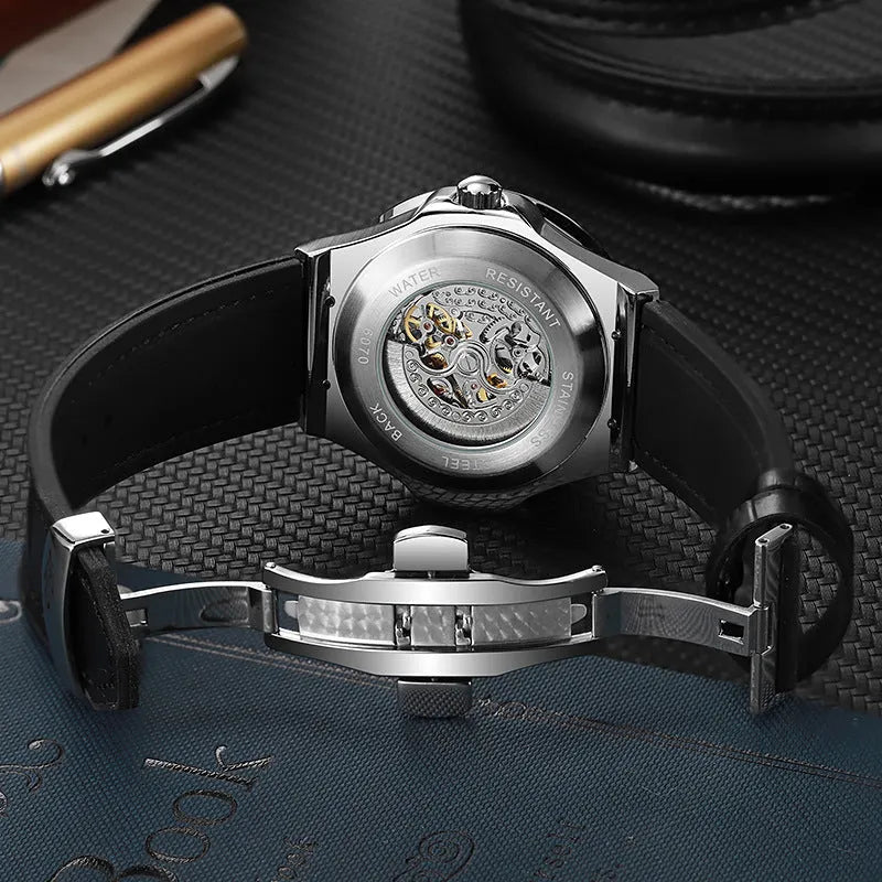 Men's mechanical watch with hollow movement, diamond studs, and white shell dial in 16mm thickness