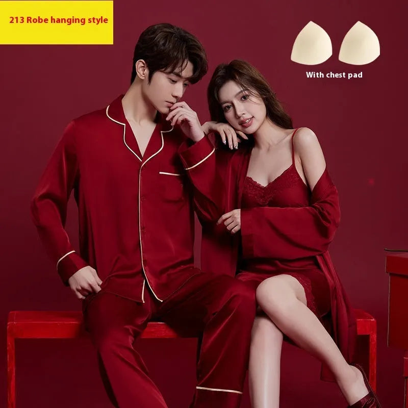 Red ice silk wedding dowry sleepwear set for couples with long sleeves and trousers