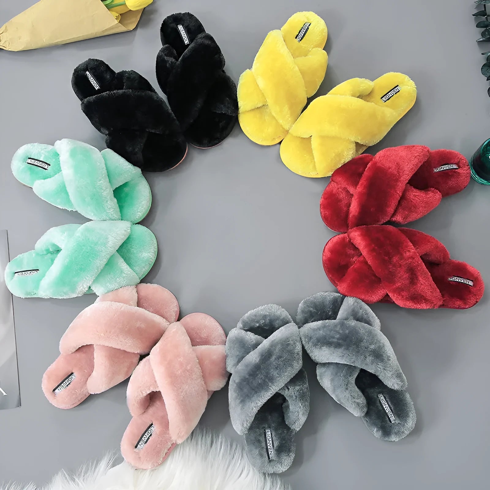 Women's open-toe cross-strap slippers with furry lining in multiple colour options