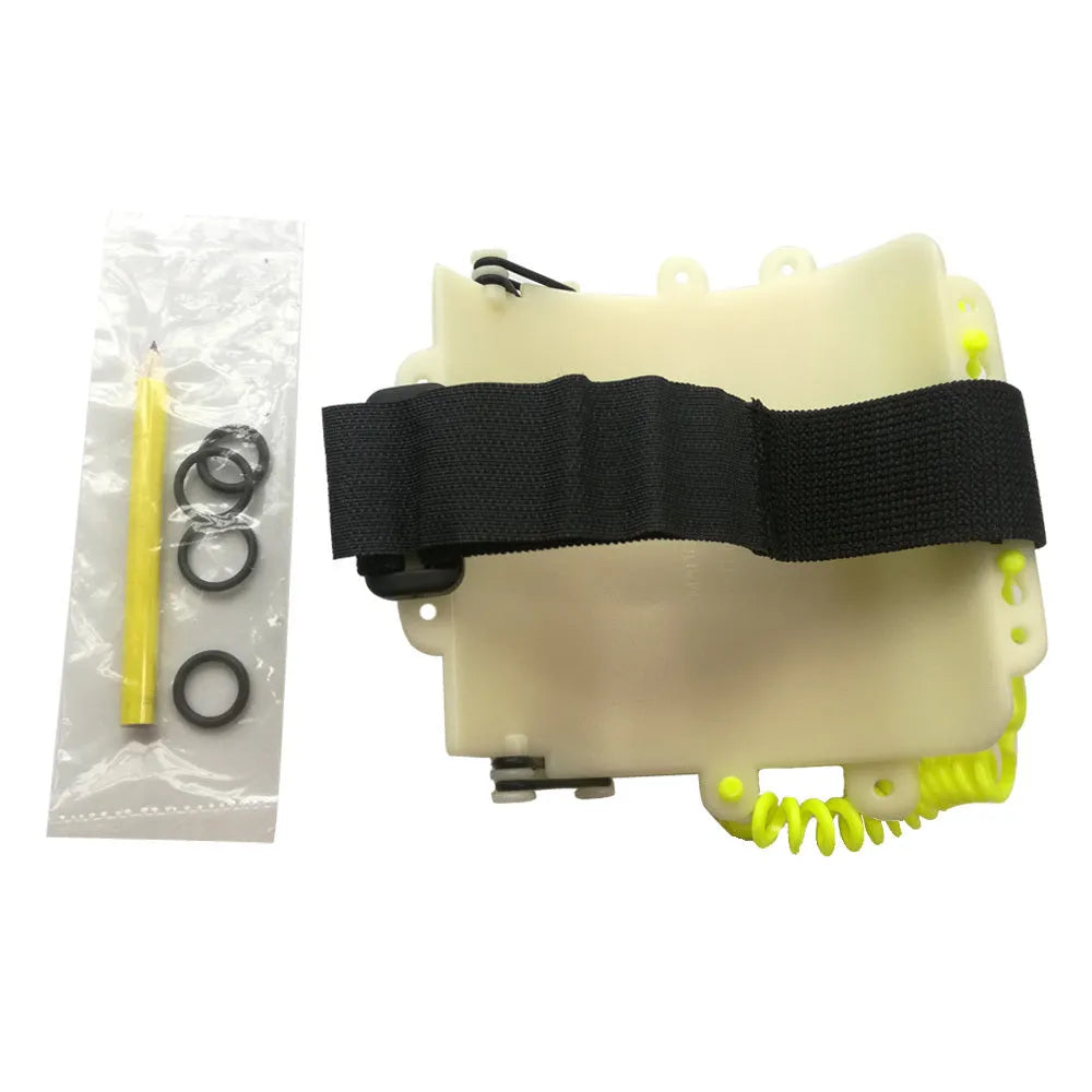 White luminous underwater writing wristboard for diving with pencil and o-ring.