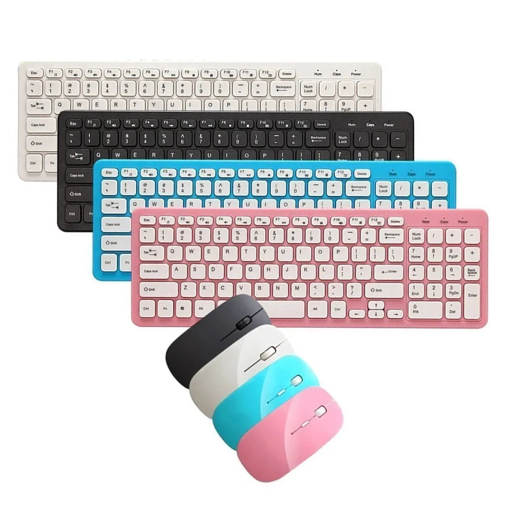 Black wireless keyboard and mouse set with compact 96-key layout and USB receiver on a wooden desk.