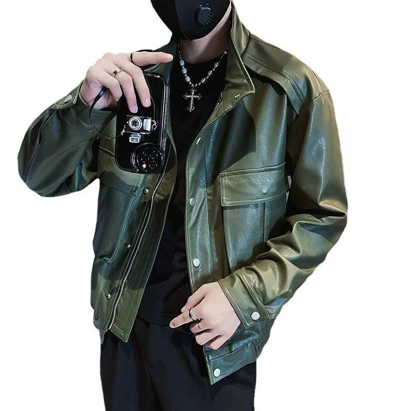 Men's black PU leather pilot jacket with a straight hem and side pockets, Korean style.