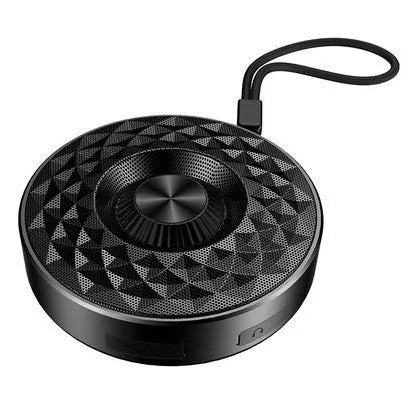 Compact black Bluetooth speaker showing front grill and controls.
