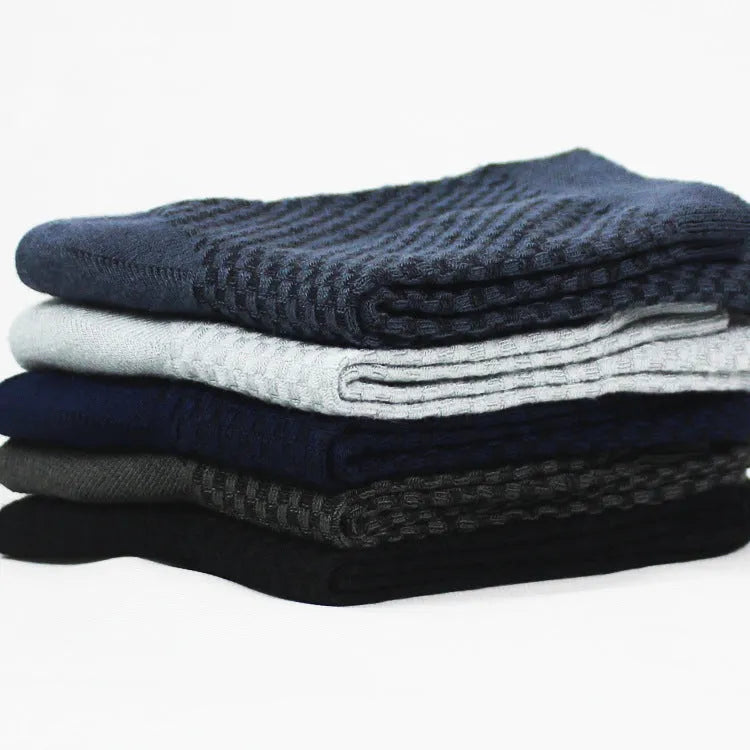 Men's bamboo fibre socks with small square pattern in black, grey, blue, and navy colours