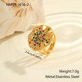 Pleated geometry open mouth ring with inlaid colourful crystals on electroplated stainless steel band.