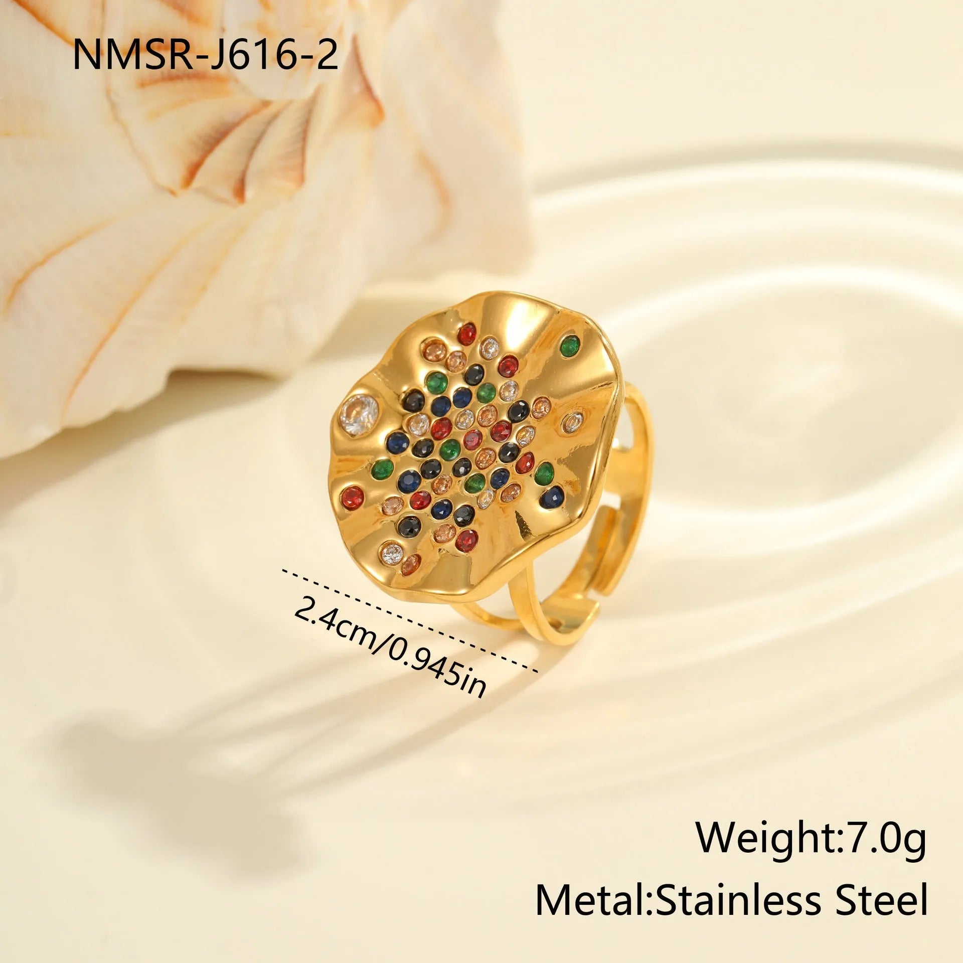 Pleated geometry open mouth ring with inlaid colourful crystals on electroplated stainless steel band.
