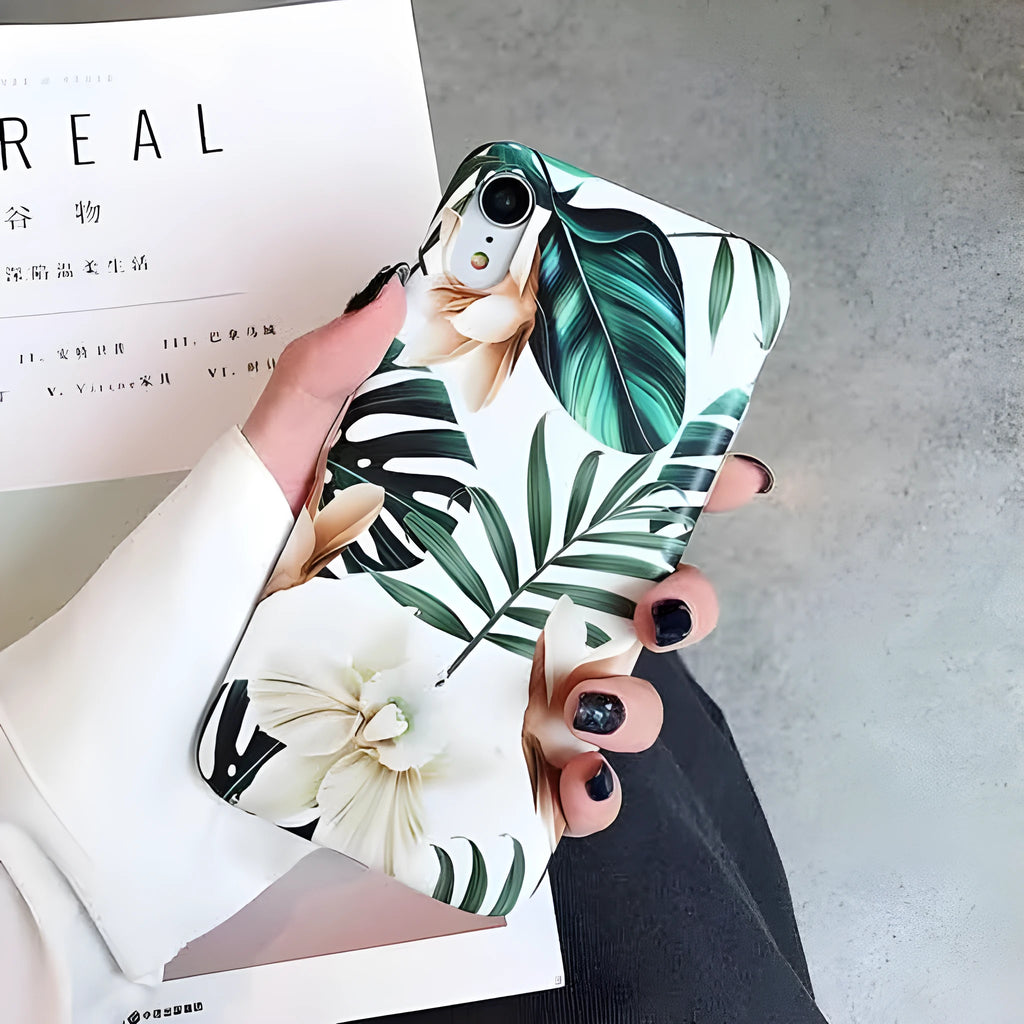 Green banana leaf and floral pattern on a soft TPU iPhone case for models like XS Max and XR.