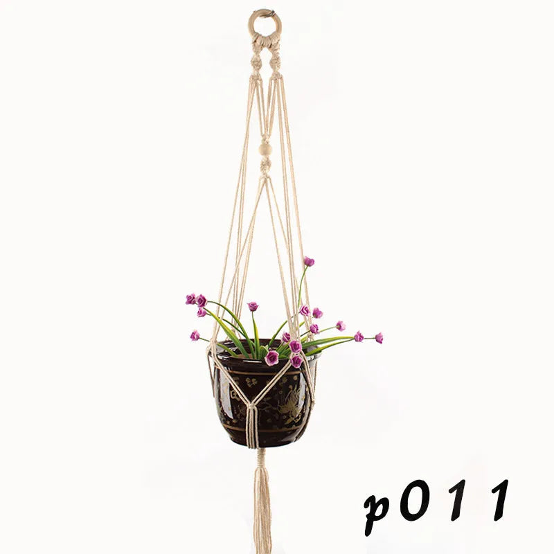 Cotton rope woven wire basket planter shown in desktop, wall hanging, and hanging configurations