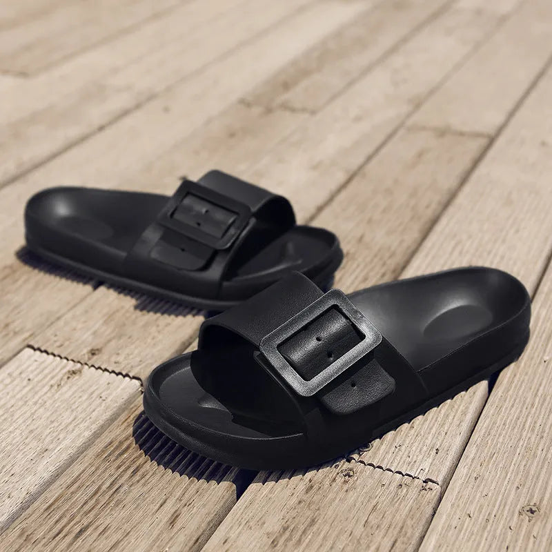 Women's grey blue buckle closure flip-flop slippers with soft EVA sole