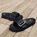Women's grey blue buckle closure flip-flop slippers with soft EVA sole