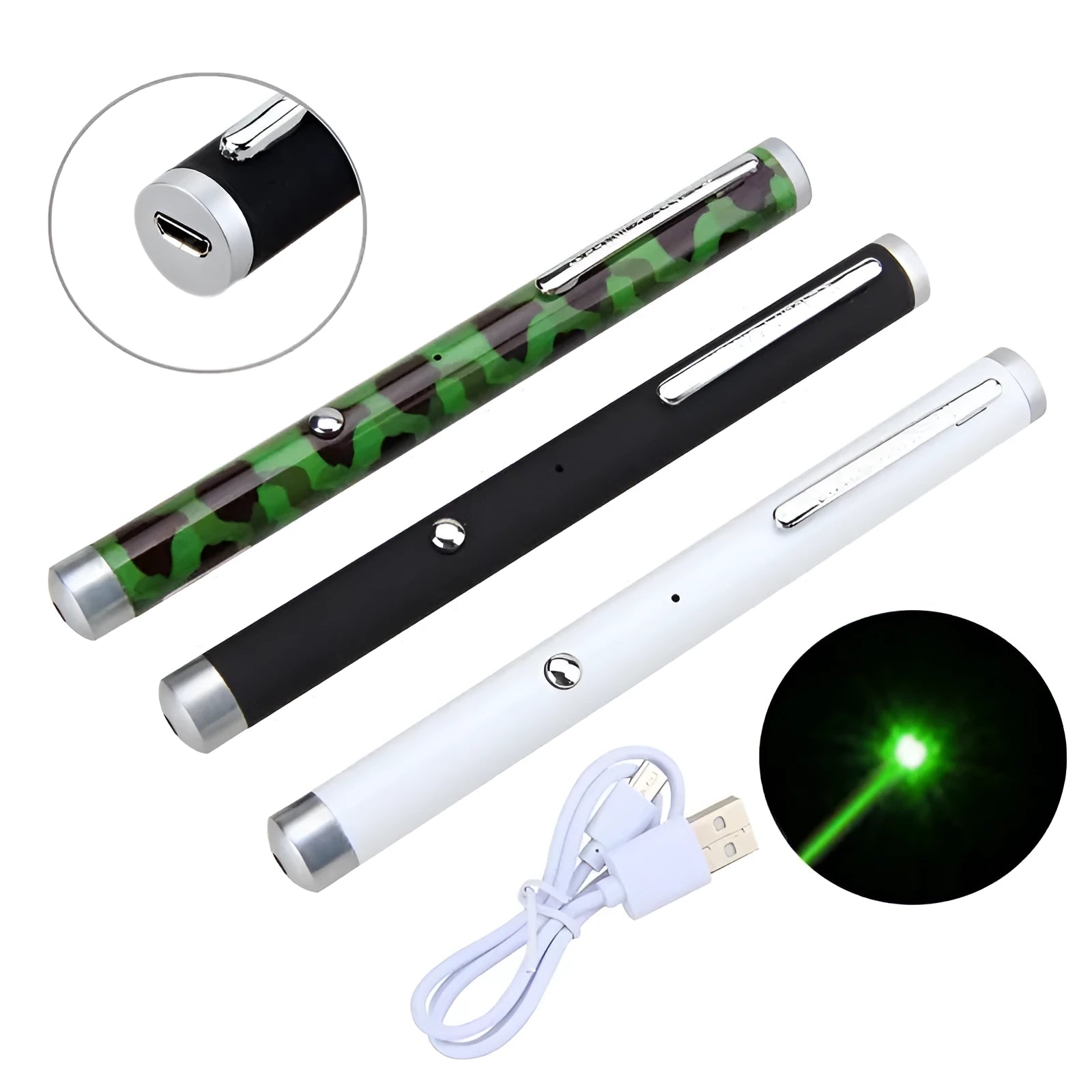 Green laser pointer pen in black, camouflage and white colours with aluminium construction