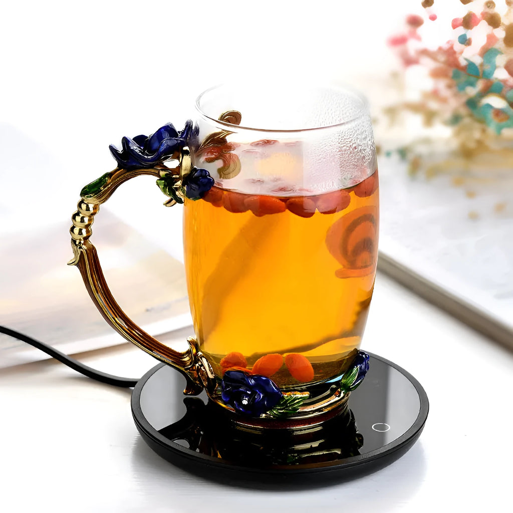 Black coffee mug warmer with dual temperature buttons and 12 cm heating plate