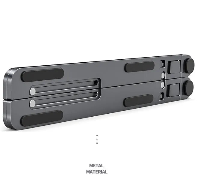 Aluminium laptop stand showing adjustable height mechanism and foldable design