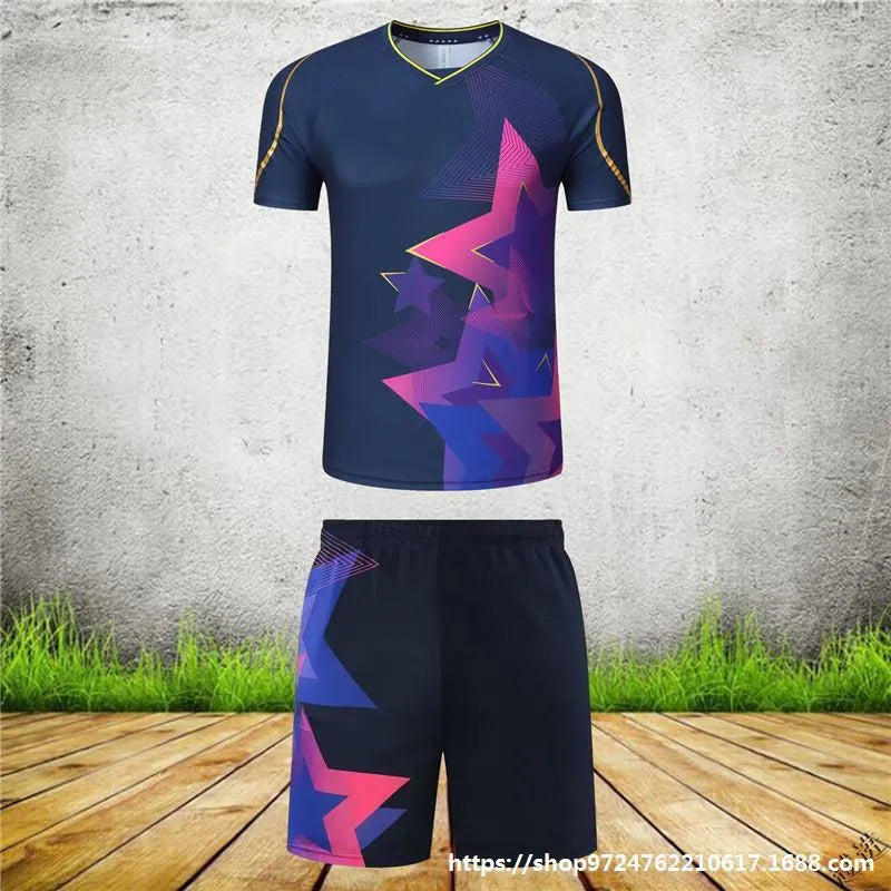 Unisex blue and black polyester badminton sportswear set with short sleeves and full-length trousers