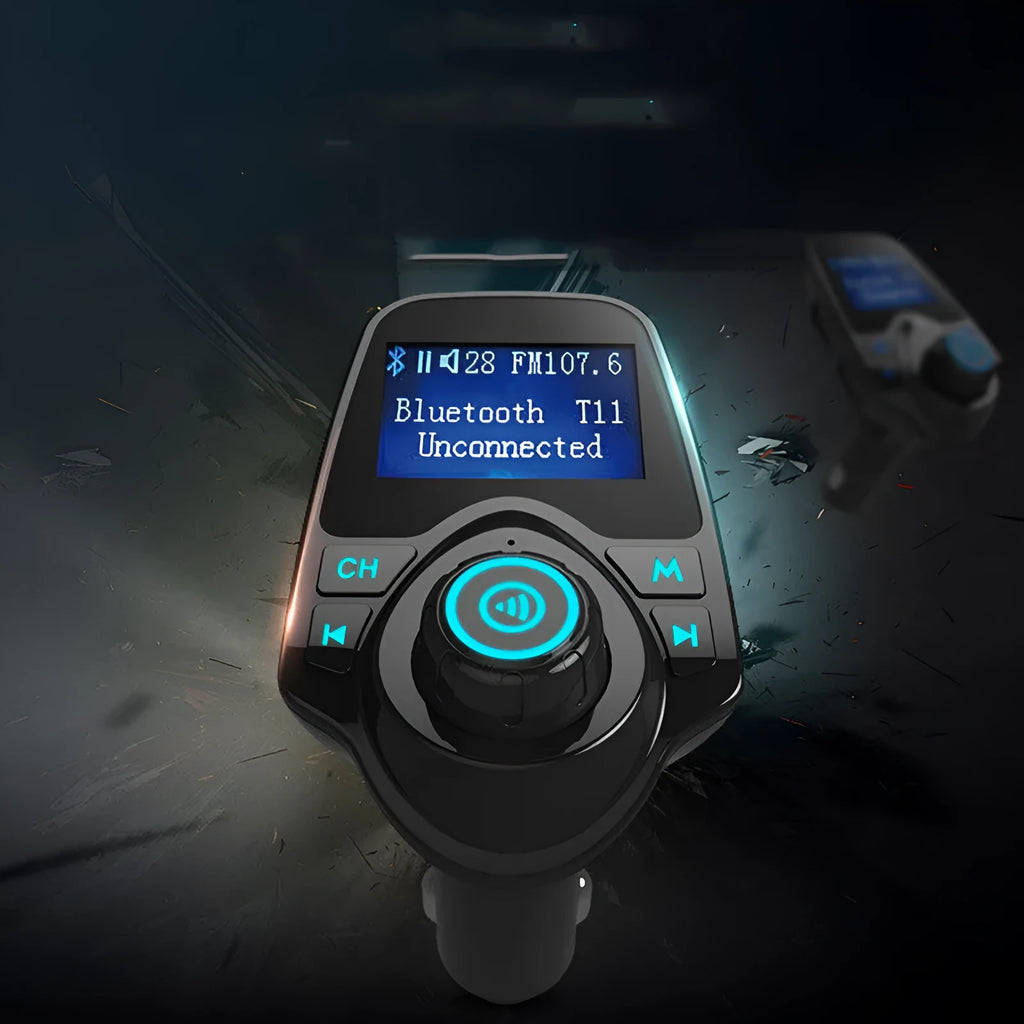 Black car Bluetooth FM transmitter and hands-free kit with USB port for charging