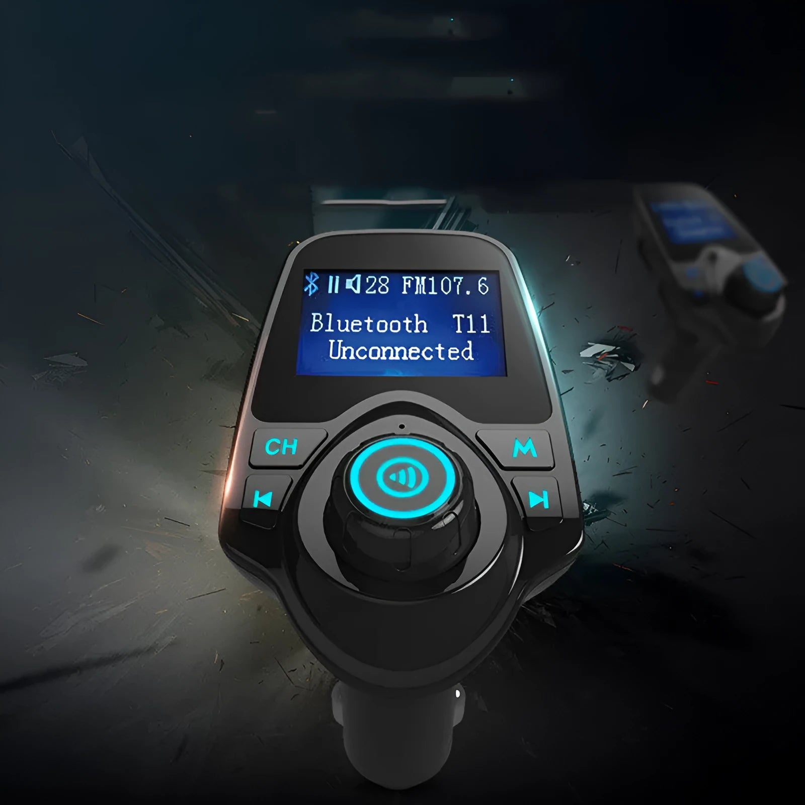 Black car Bluetooth FM transmitter and hands-free kit with USB port for charging
