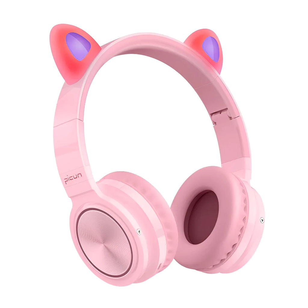 Pink and white wireless Bluetooth headset with head-mounted design and 40mm speakers