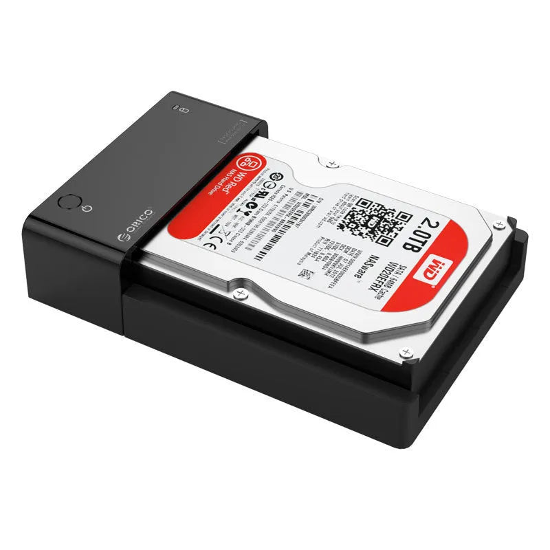 Black plastic 2.5-inch SATA hard disk enclosure with USB cable