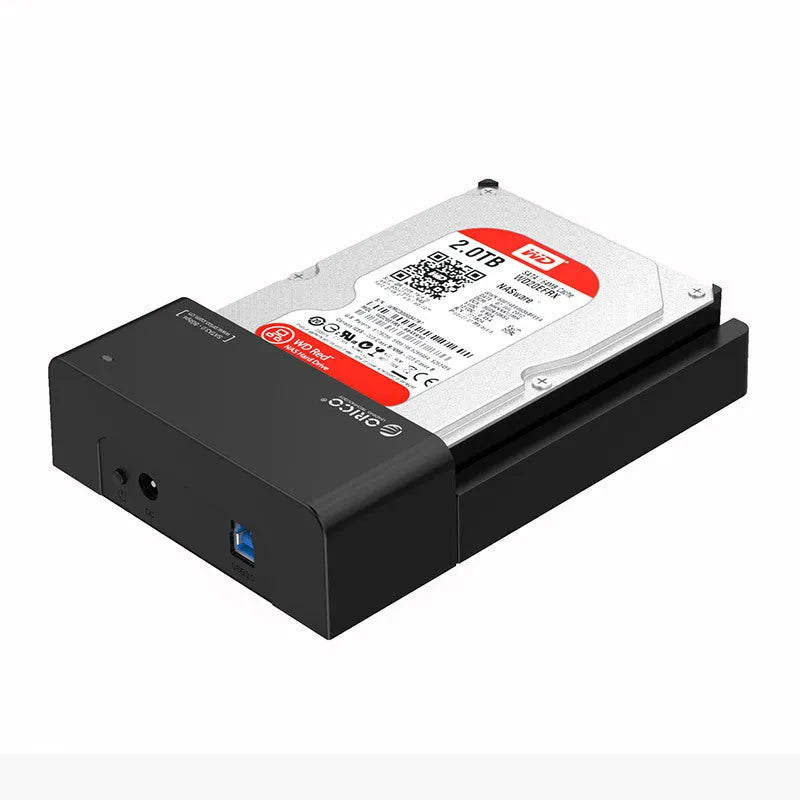 Black plastic 2.5-inch SATA hard disk enclosure with USB cable