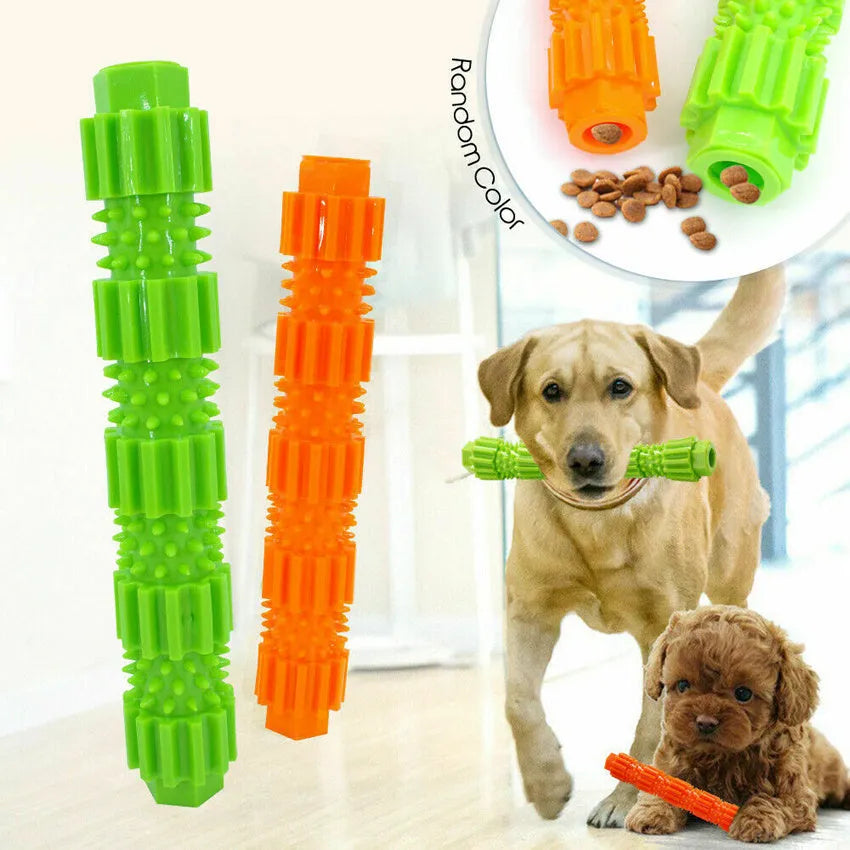 Green and orange durable rubber dog chew toy with textured surface and treat dispensing hole.
