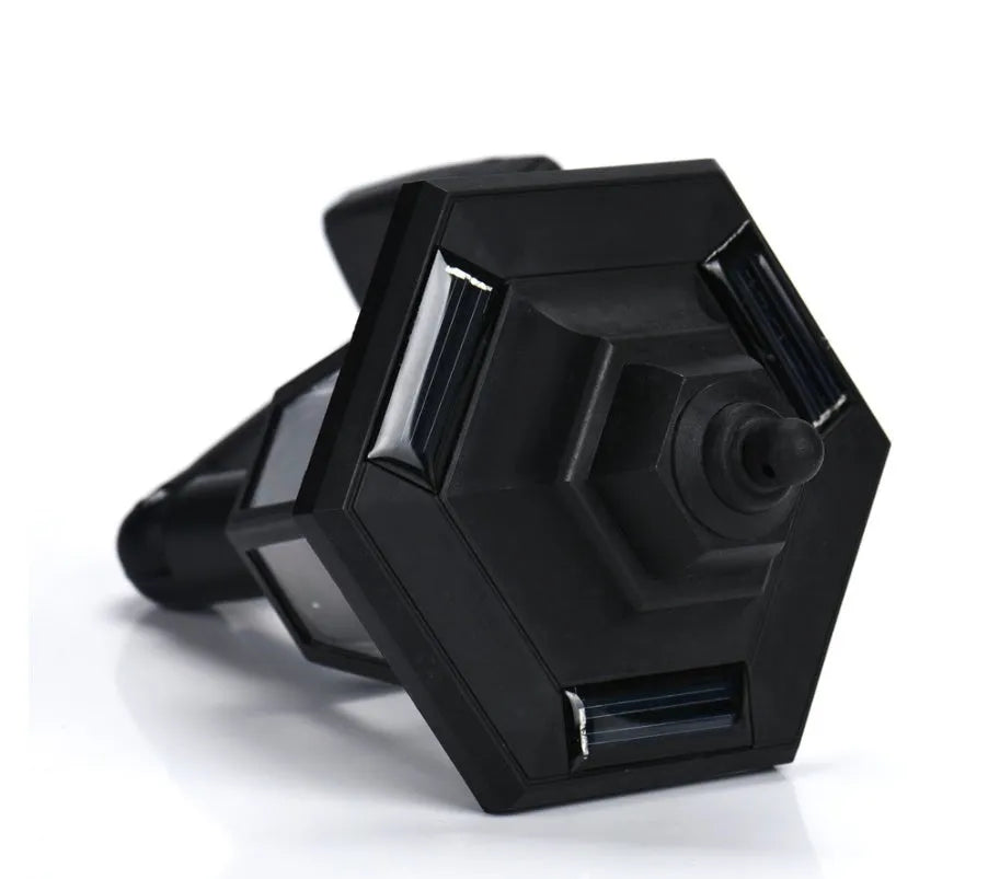 Black hexagonal solar wall lamp with solar panel and LED light for outdoor installation