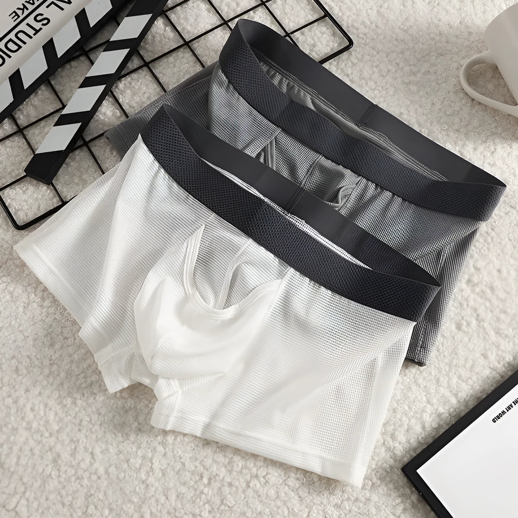 Men's ice silk boxer underwear in black colour showing low waist design and mesh fabric