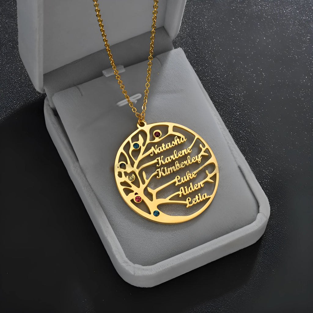 Personalized stainless steel Tree of Life necklace with custom name, gold or rose gold or steel colour clavicle chain