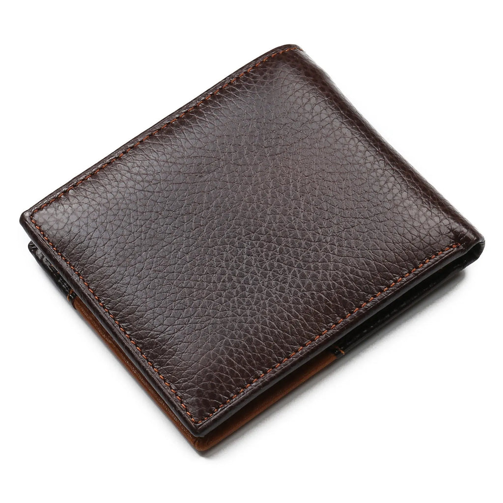 Soft cowhide leather men's wallet with decorative stitching, shown open to reveal card slots, a zipper compartment, and a bill holder.