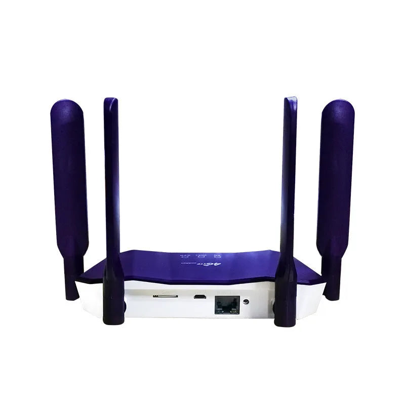 Blue 4G dual mode wireless router with four external antennas on a desk.