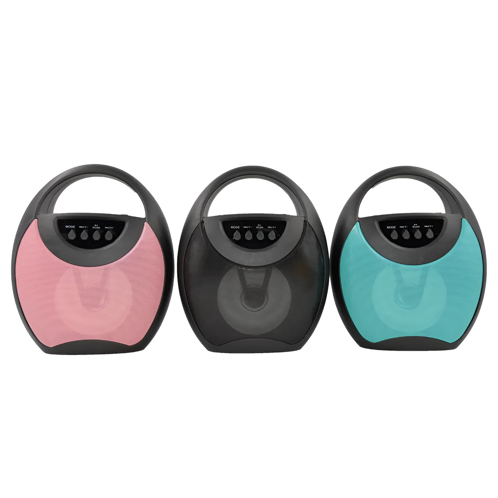 Black, blue, or pink portable Bluetooth speaker with USB port and 6-hour battery.