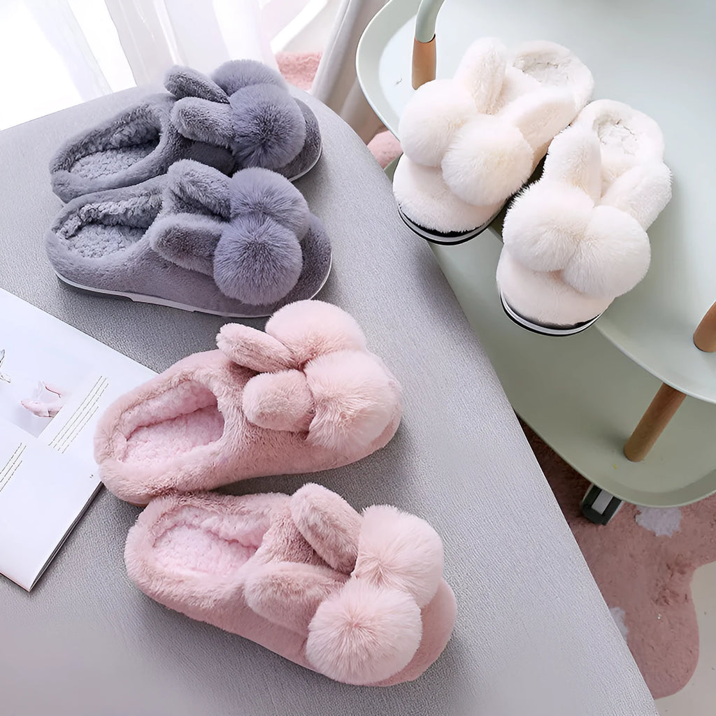 Women's fluffy bunny slippers made from rabbit fur in high-top style with floral pattern
