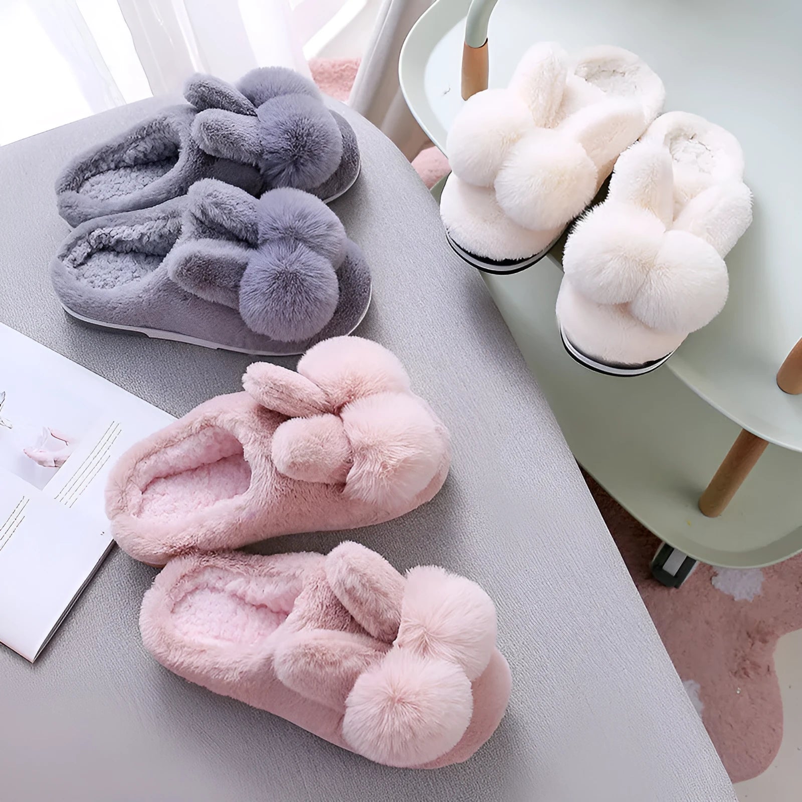 Women's fluffy bunny slippers made from rabbit fur in high-top style with floral pattern