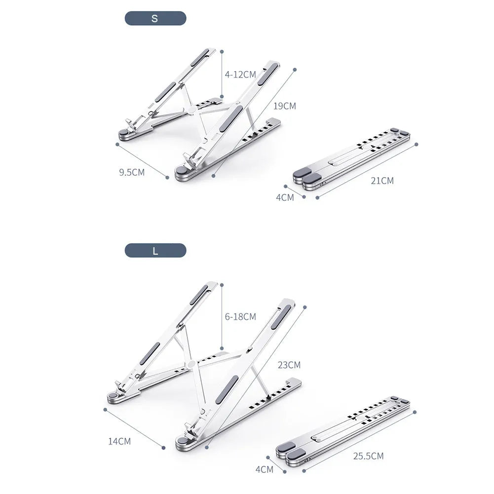 Aluminium laptop stand showing adjustable height mechanism and foldable design