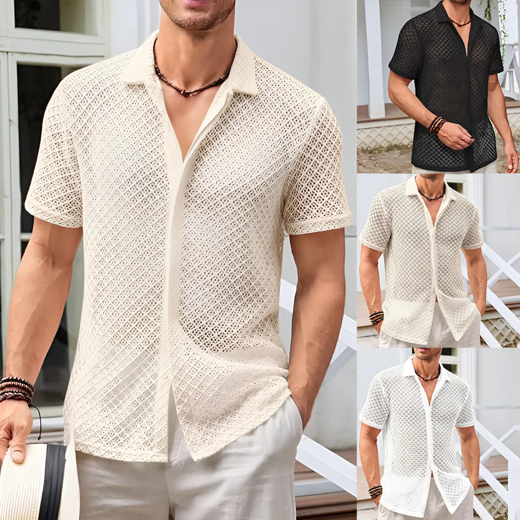 Men's mesh short sleeve shirt with lapel collar in cotton blend fabric