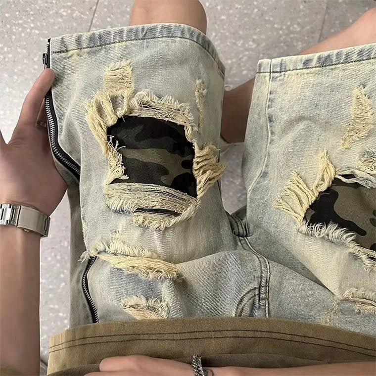 Men's camouflage patterned denim shorts with ripped detailing in yellow colour, straight leg Korean style