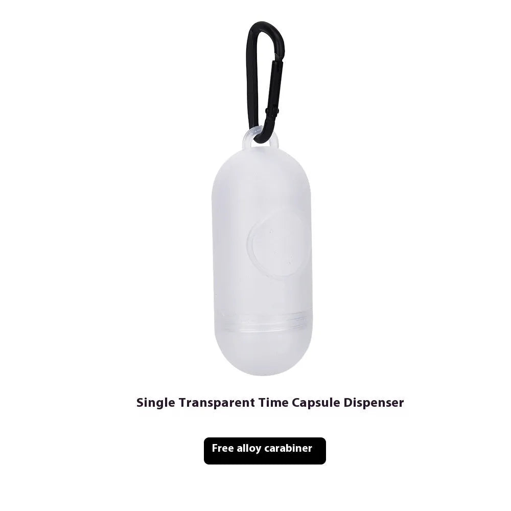 EPI degradable pet waste bag rolls in green, black, blue, and orange colours with a capsule dispenser.