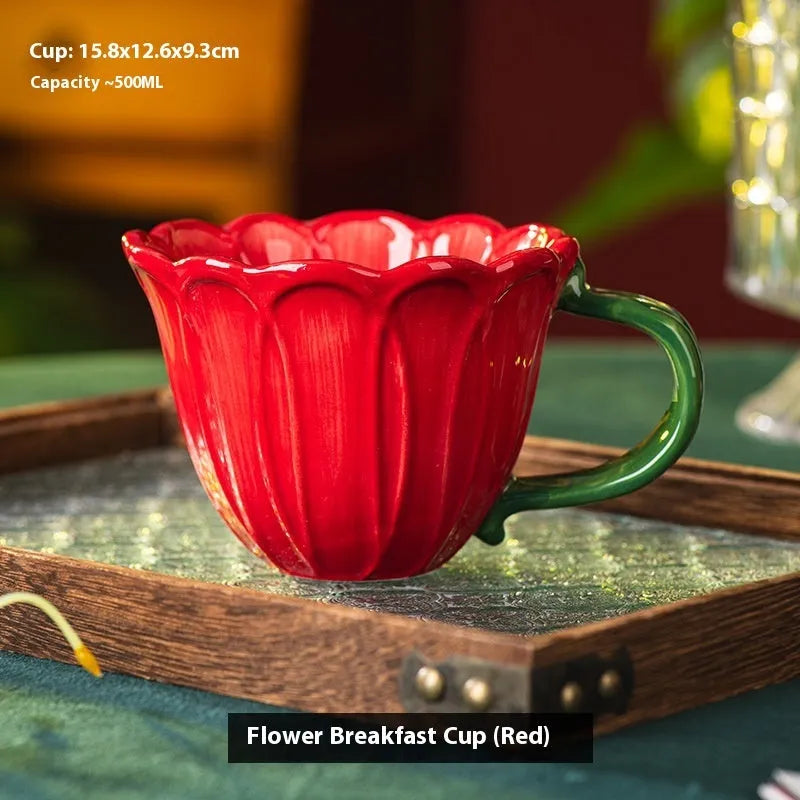 Ceramic breakfast cup with floral pastoral design showing red and purple colour options