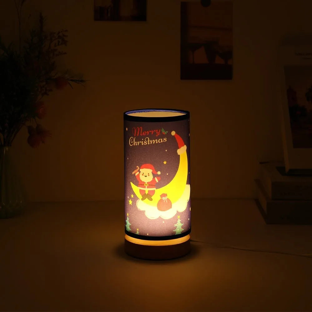 Moon Santa Claus shaped LED night light with USB plug and bamboo base.