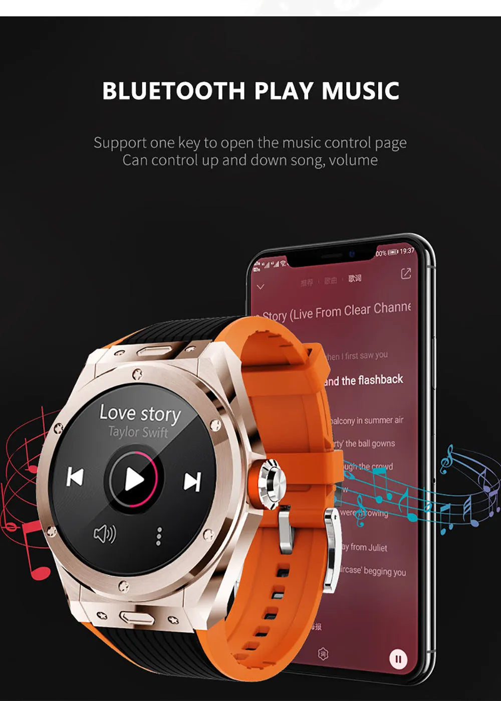 MV58 black smart watch with silicone strap showing heart rate and call functions on screen